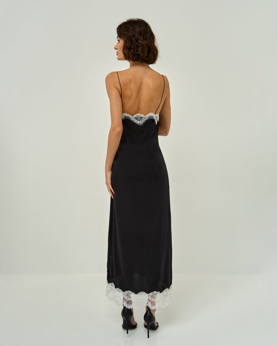 CLAIRE SILK-SATIN MAXI DRESS WITH CHANTILLY LACE